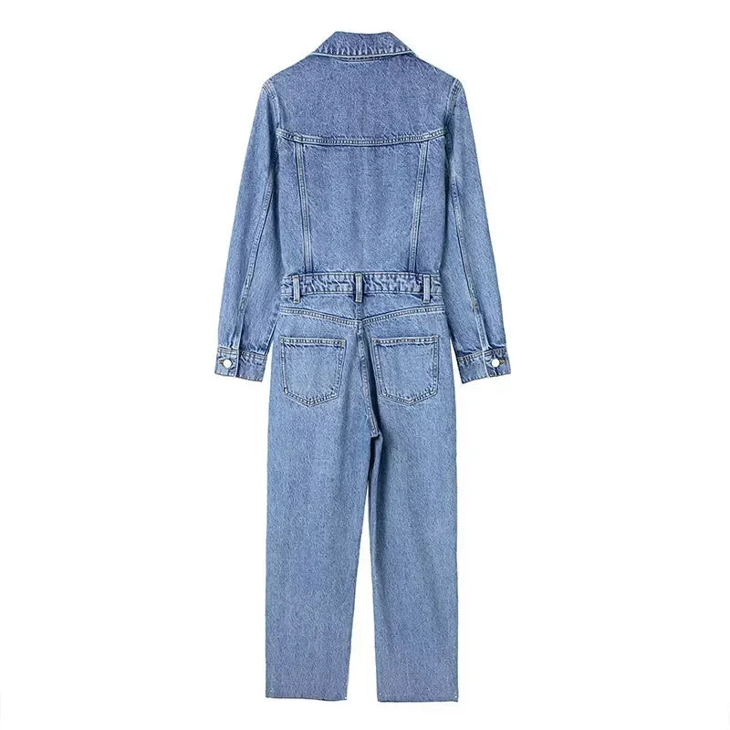 Autumn Denim Jumpsuit for Women Overalls Woman Jean Overalls Long Sleeve Elegant Jumpsuits Y2k Streetwear 2024 Turn Down Collar