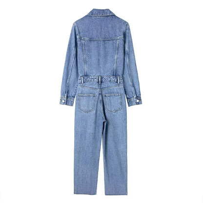 Autumn Denim Jumpsuit for Women Overalls Woman Jean Overalls Long Sleeve Elegant Jumpsuits Y2k Streetwear 2024 Turn Down Collar