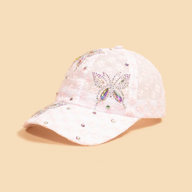 Fashion Women Spring Summer Baseball Caps Breathable Rhinestone Butterfly Hats Lace Hollow Caps
