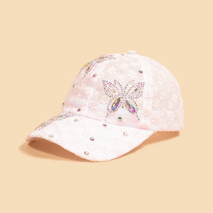 Fashion Women Spring Summer Baseball Caps Breathable Rhinestone Butterfly Hats Lace Hollow Caps