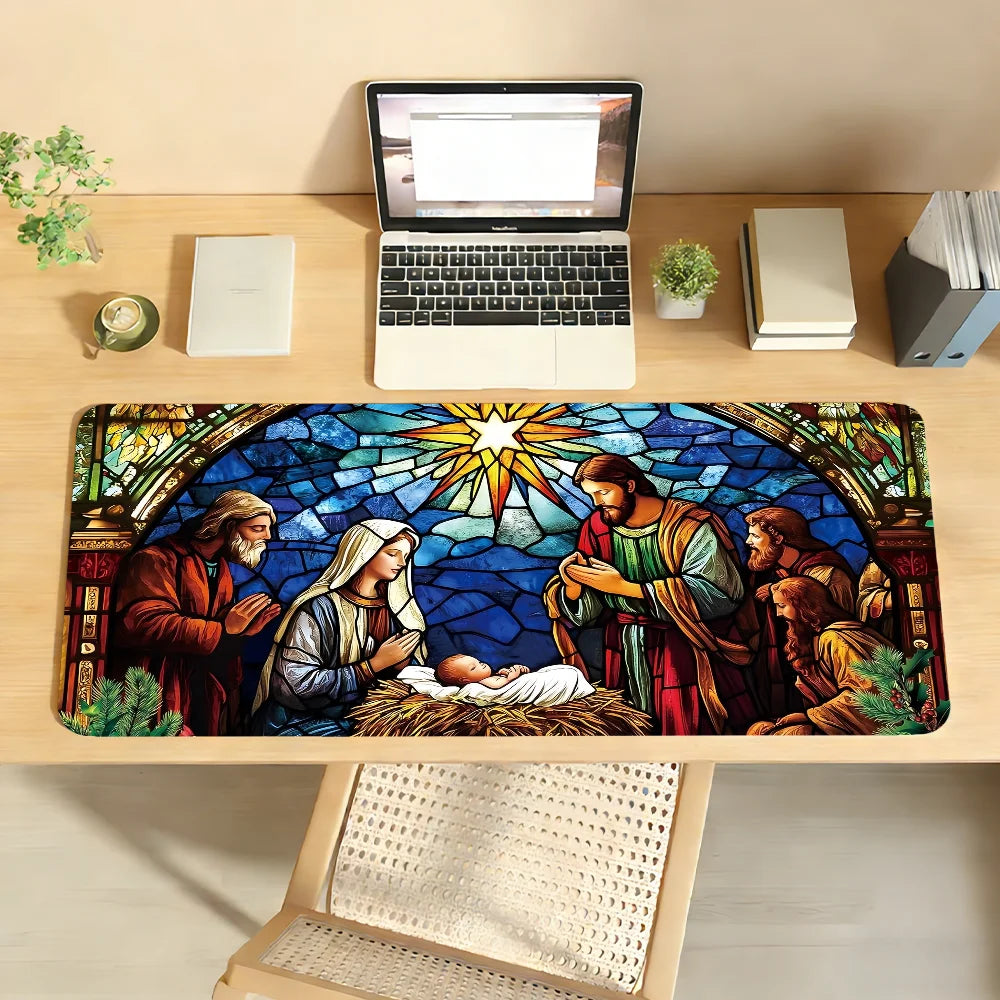 Christmas Nativity Scene Mouse Pad Large Non-Slip Waterproof Mat Stitched Edge Keyboard Pad for Gaming Daily Office