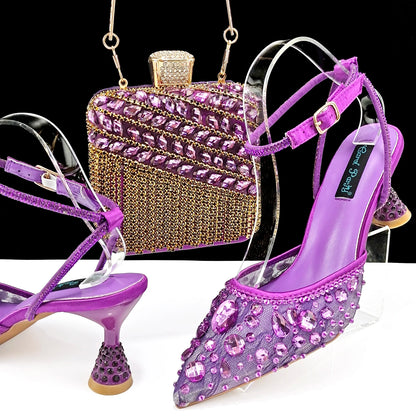 Shiny Purple Color Shoes and Bag Elegant Handbags and Medium Heel Shoes Beautiful Handmade Shoes for Wedding Party
