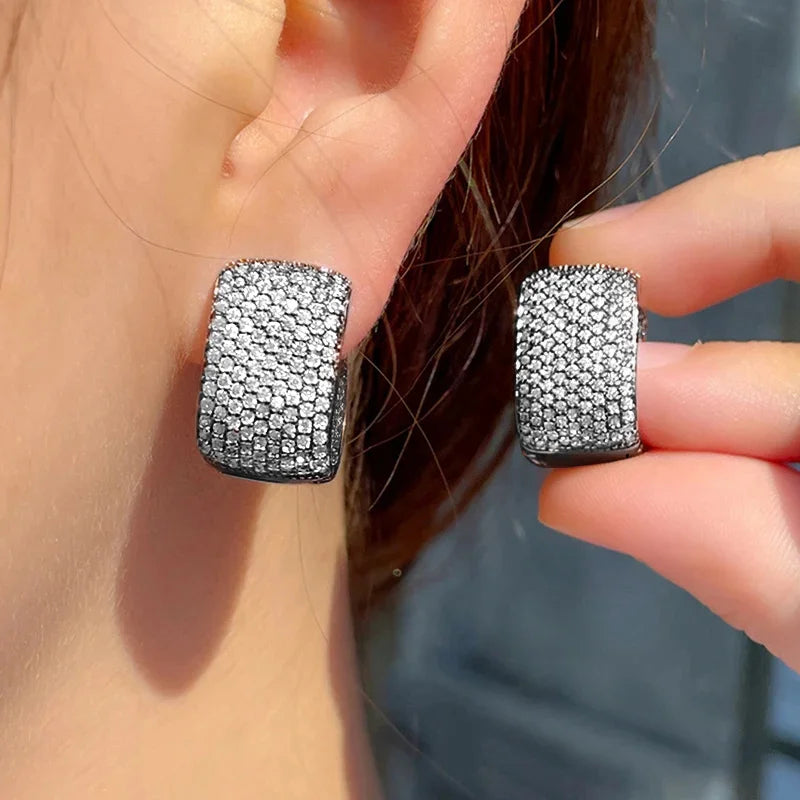 Huitan Full Cubic Zirconia Hoop Earrings for Women Bling Bling Temperament Female Ear Accessories Luxury Bridal Wedding Jewelry