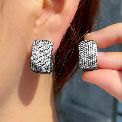 Huitan Full Cubic Zirconia Hoop Earrings for Women Bling Bling Temperament Female Ear Accessories Luxury Bridal Wedding Jewelry
