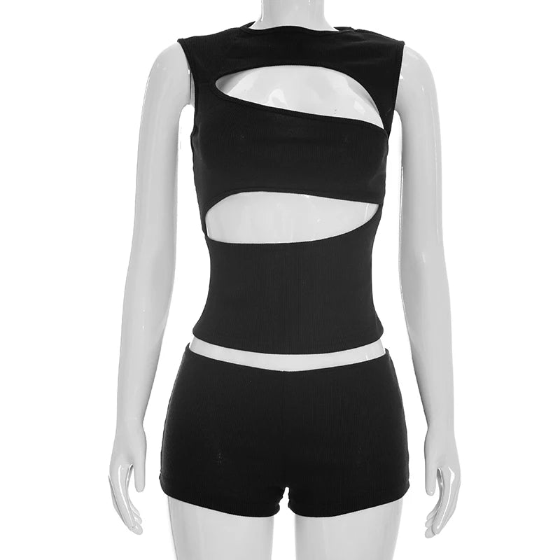 Chic Women Black Round Neck Sleeveless Cut Out Tank Top and Shorts Set for Casual Sexy Party