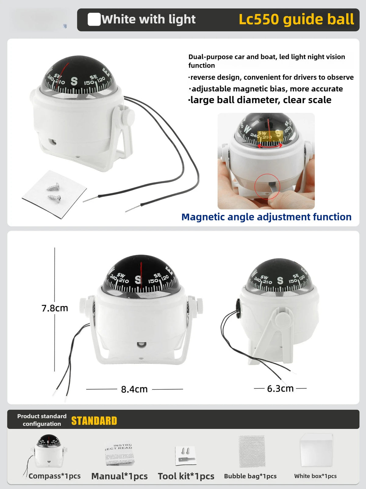 LED Light Electronic Compass, High Precision Pivoting Navigation Compass for Boat Car Marine Use