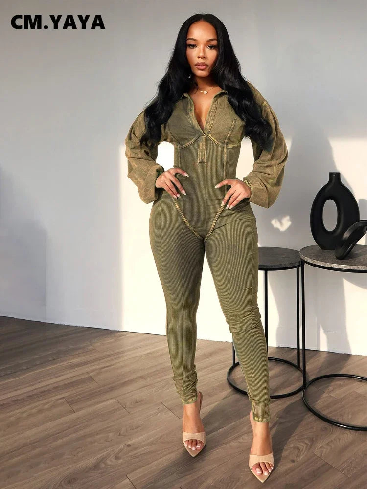 CM.YAYA Fashion Women Knit Ribbed Long Sleeve Moto Biker Jumpsuits 2024 Autumn Washed Street Playsuit One Piece Suit Romper