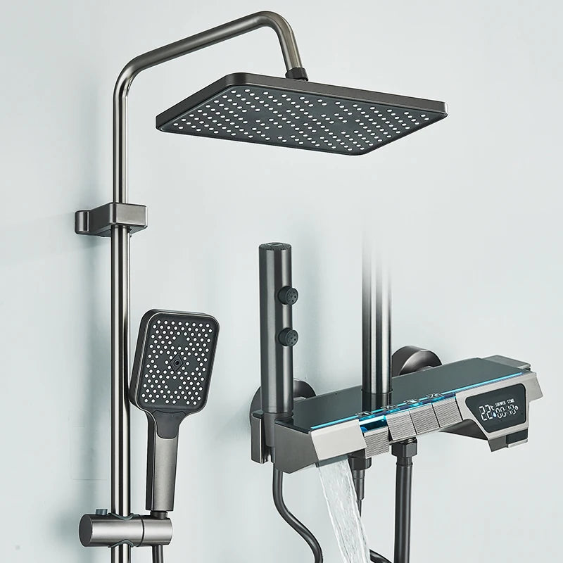 Rozin Gray Bathroom Shower Faucet Set Smart Digital Display Piano Style Rainlfall System Mixer Tap with Bidet / Hand Shower