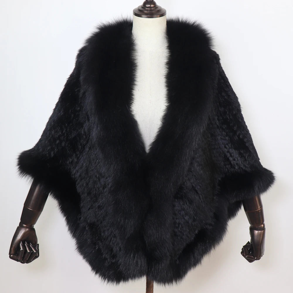 Women 100% Real Rabbit Fur Shawl Scarf With Fox Fur Collar Winter Warm Knitted Rabbit Fur Poncho Girls Party Fashion Accessories