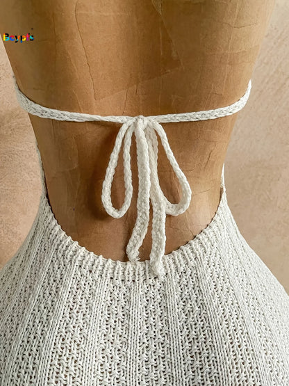 2026Women's Crochet Halter Romper White Hollow Out Backless Slim Fit Knitted Bodysuit for Beach Vacation Summer Festival