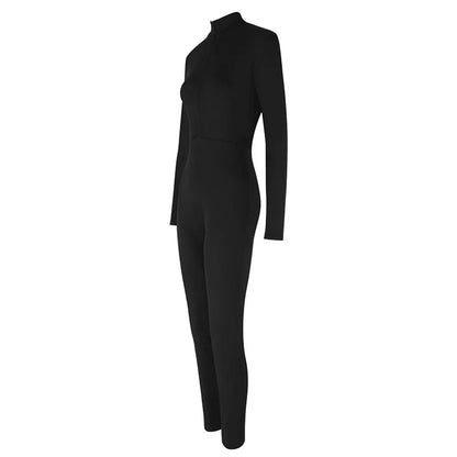 Autumn New Women's Jumpsuits Fashion Streetwear Long Sleeves Half High Collar Zippers Bodycon Rompers Black Sexy Lady Jumpsuits
