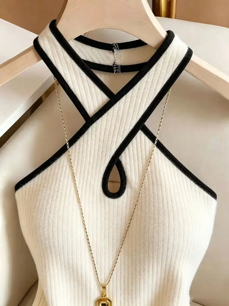 3pc Y2K Fashion Halter Bodysuit Criss Cross Neck Cutout Ribbed Knit Contrast Trim Slim Women Sleeveless Body Suit Club Outfit