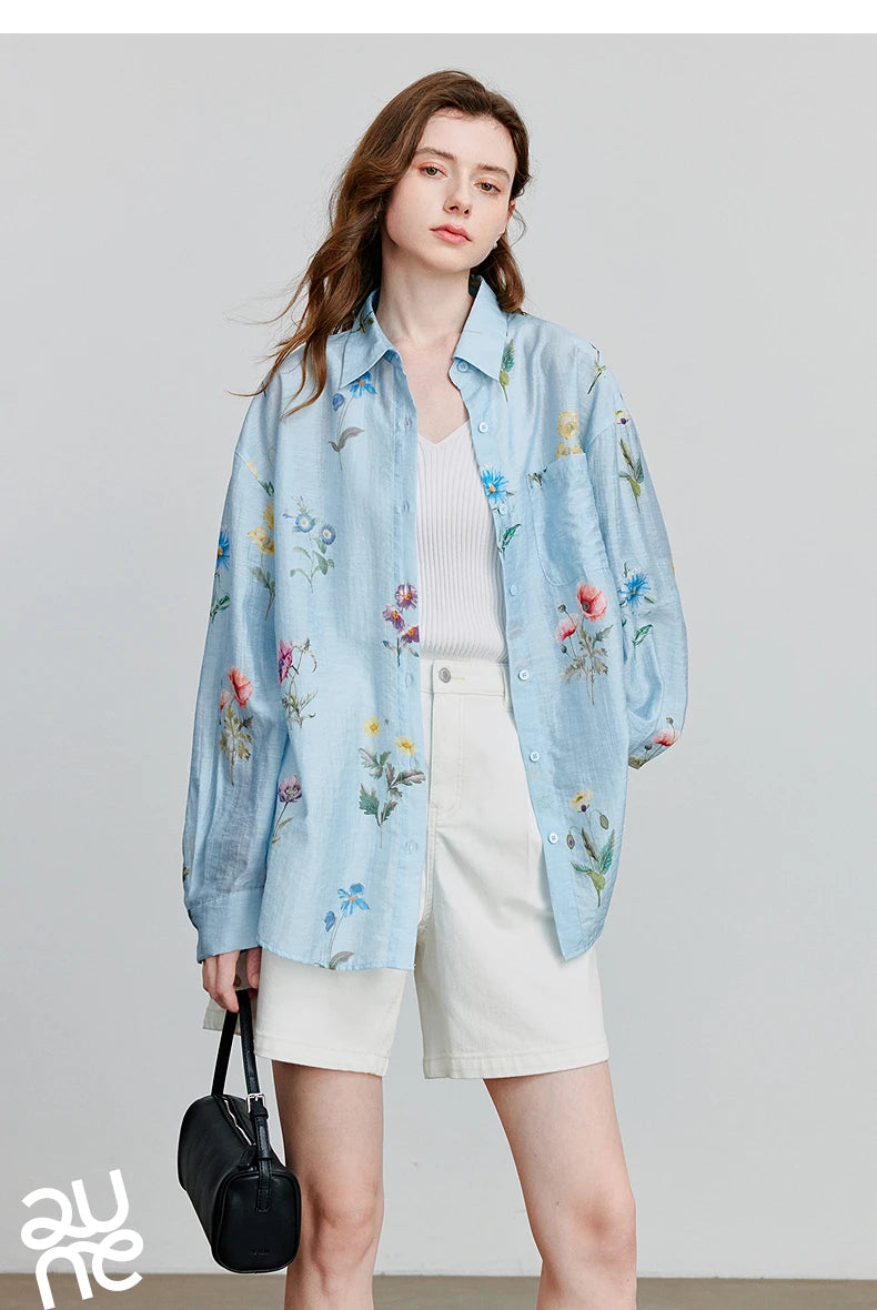 TOYOUTH Women Shirts 2026 Summer New Linen Lyocell Print Fresh Mid Length Floral Blouse Tops