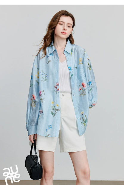 TOYOUTH Women Shirts 2026 Summer New Linen Lyocell Print Fresh Mid Length Floral Blouse Tops