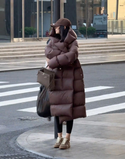 Knee Length Hooded Down Jacket for Women's Winter New Loose White Duck Down Thickened Warm Jacket 2024
