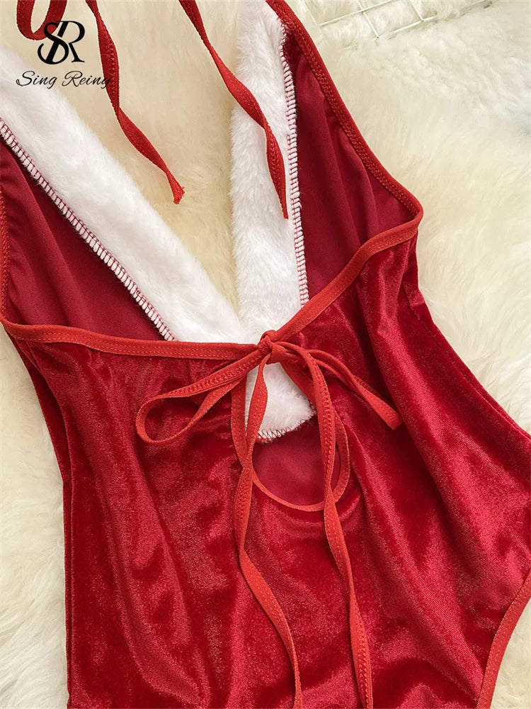SINGREINY Christmas Cosplay Nightwear Playsuit Deep V Open Crotch Sheath Bodysuits Women Sexy Temptation Velvet Backless Rompers