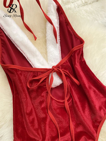 SINGREINY Christmas Cosplay Nightwear Playsuit Deep V Open Crotch Sheath Bodysuits Women Sexy Temptation Velvet Backless Rompers