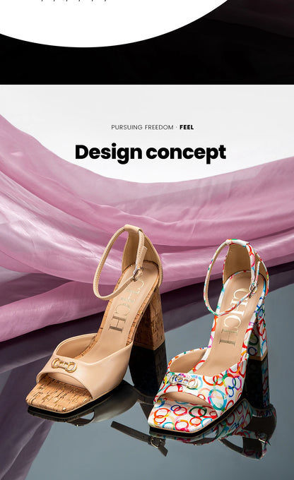 2024 Fashion High Heels Women's Luxury Design Sandals Metallic Flower Square Toe Fine Heel Party Dress Shoes High Heels