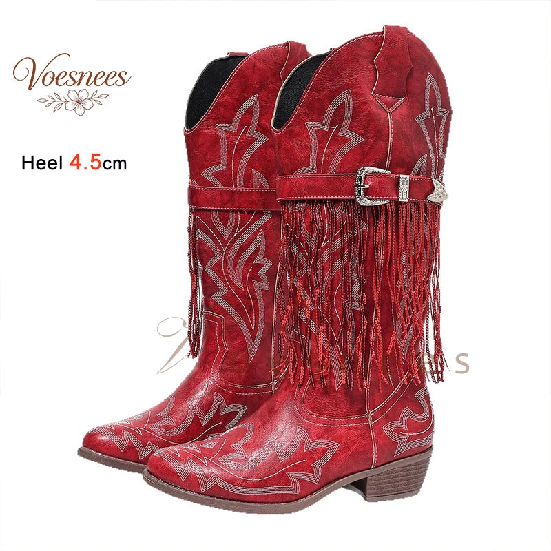 Spring Autumn Red Fringe Women's Mid Calf Boots Block Heels 4.5cm Pointed Toe Embroidery Belt Buckle Western Cowboy Boots Shoes