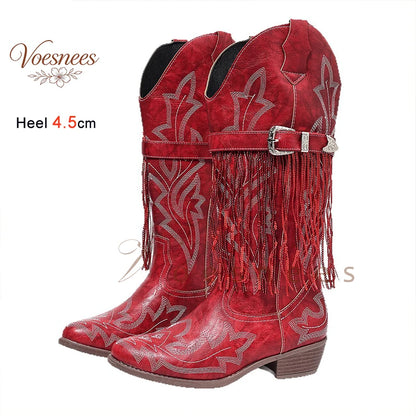 Spring Autumn Red Fringe Women's Mid Calf Boots Block Heels 4.5cm Pointed Toe Embroidery Belt Buckle Western Cowboy Boots Shoes