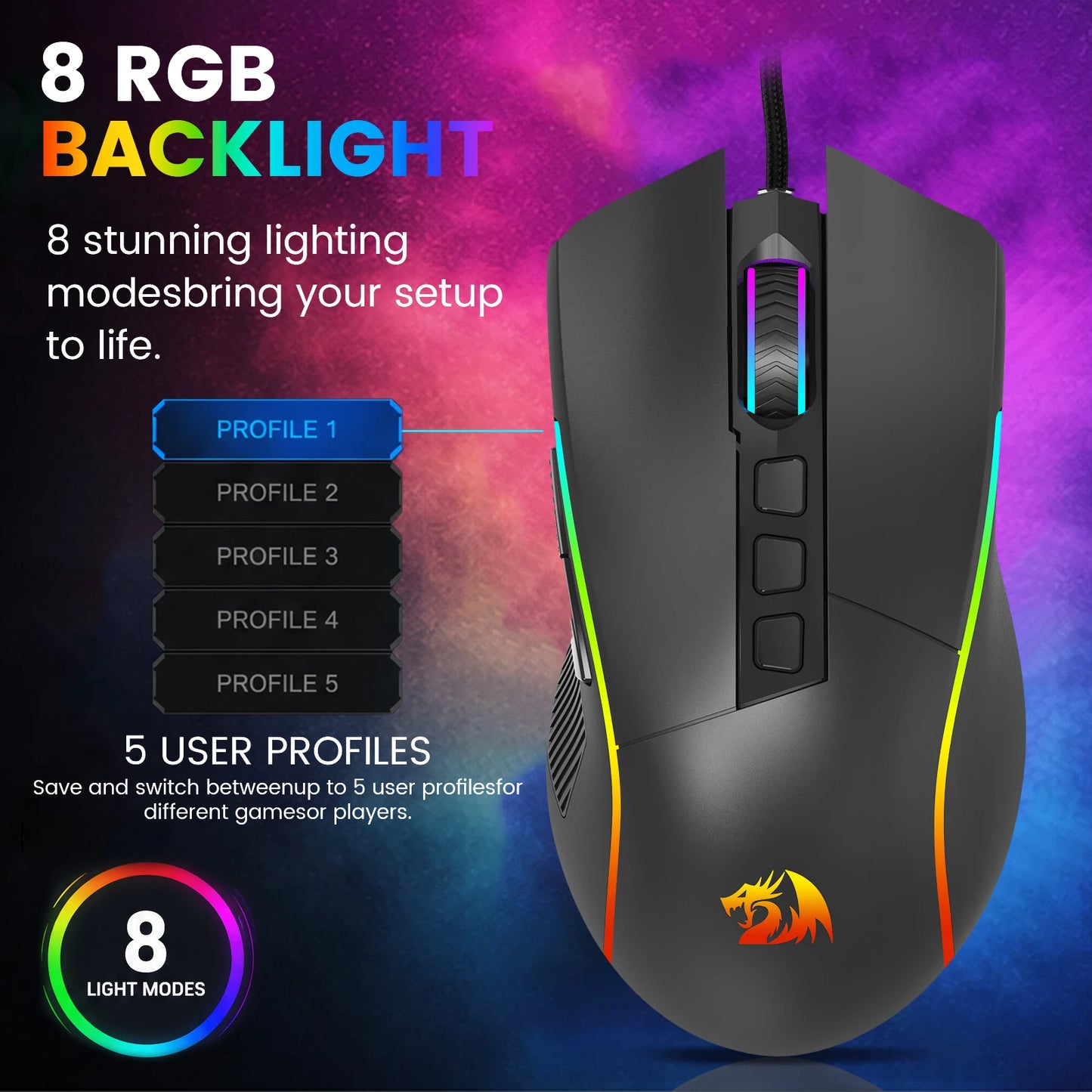 FocusOnPC X11 RGB Gaming Mouse, Wired Connection, 8000 DPI, 9 Programmable Buttons, Ergonomic Computer Gaming Mice for PC Gamers