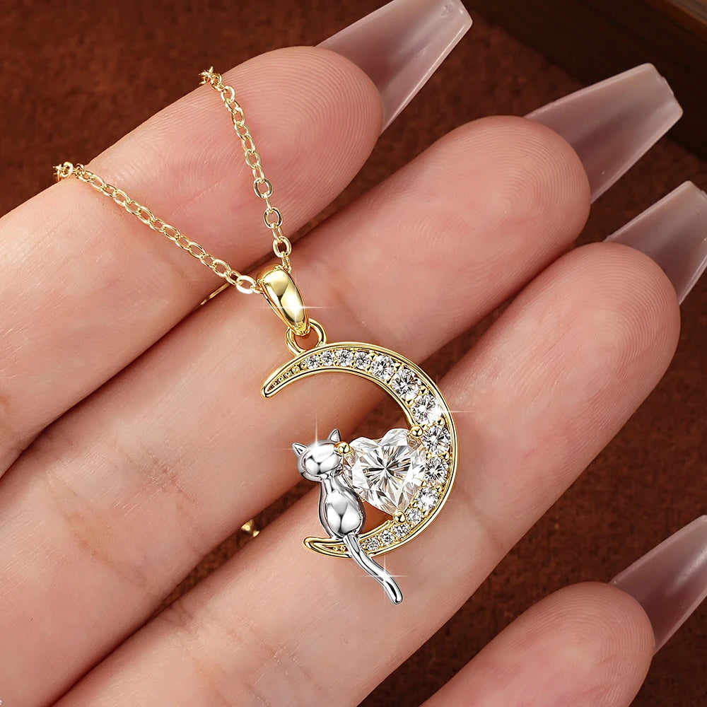 Celestinova GRA Certified 1.2ct Moissanite Moon Cat Pendant Necklace 14K Gold Plated Heart Cut Fine Jewelry Gift for Women