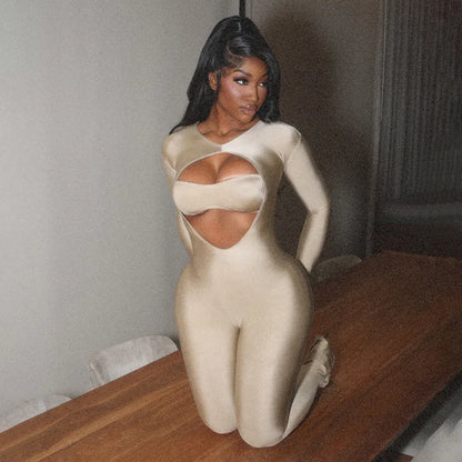 Joskaa Women Cutout Long Sleeve Jumpsuit with Tube Tops Sexy O-neck Back Zipper Thumb Hole Design Bodycon Rompers Party Clubwear