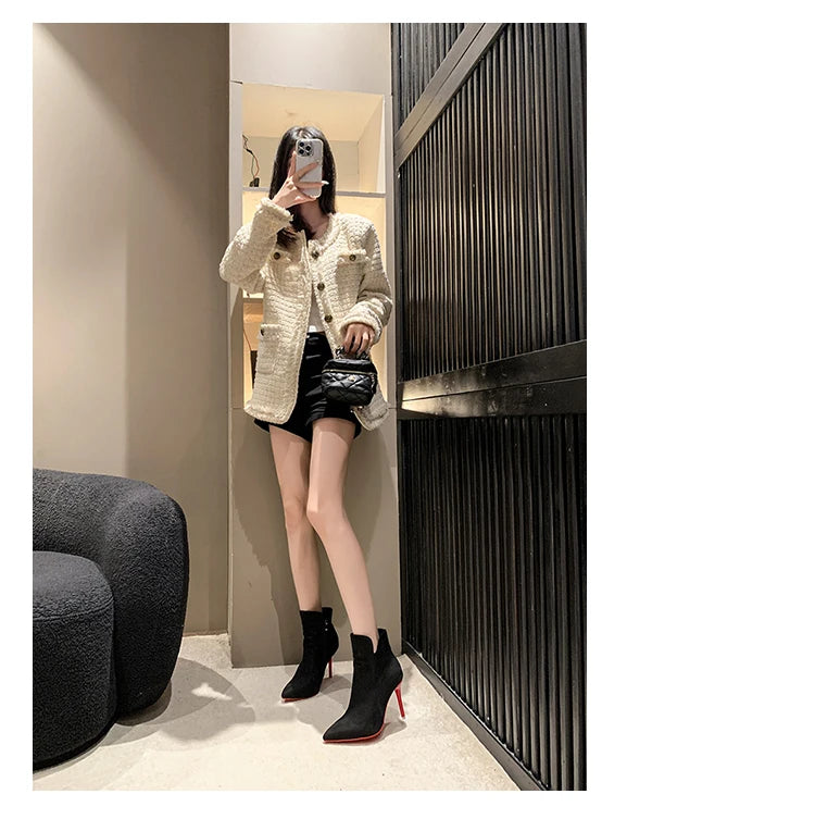 Aphixta 10cm Stilettos Winter Red Heels Zip Warm Black Ankle Boots Women Flock Footwear Shoes Women Super Big Size 47 48 49 50