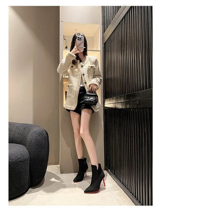 Aphixta 10cm Stilettos Winter Red Heels Zip Warm Black Ankle Boots Women Flock Footwear Shoes Women Super Big Size 47 48 49 50