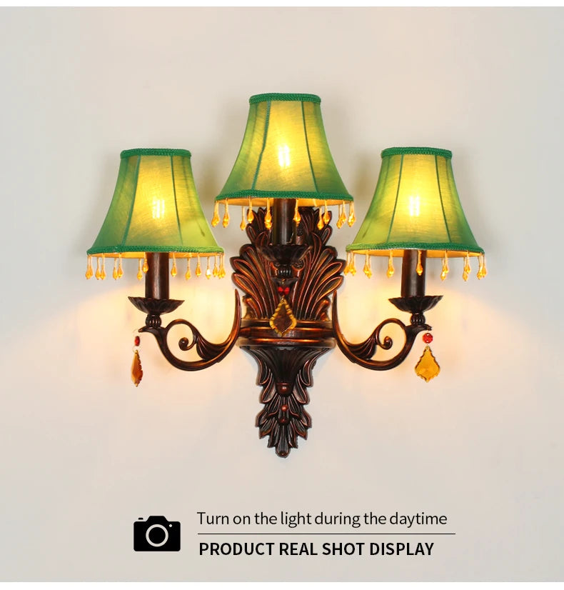 Retro American European Iron Art Red Cloth Crystal Wall Lamp for Hall Restaurant Bedroom Walkway Hotel Bar Decorative Wall Light