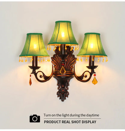 Retro American European Iron Art Red Cloth Crystal Wall Lamp for Hall Restaurant Bedroom Walkway Hotel Bar Decorative Wall Light