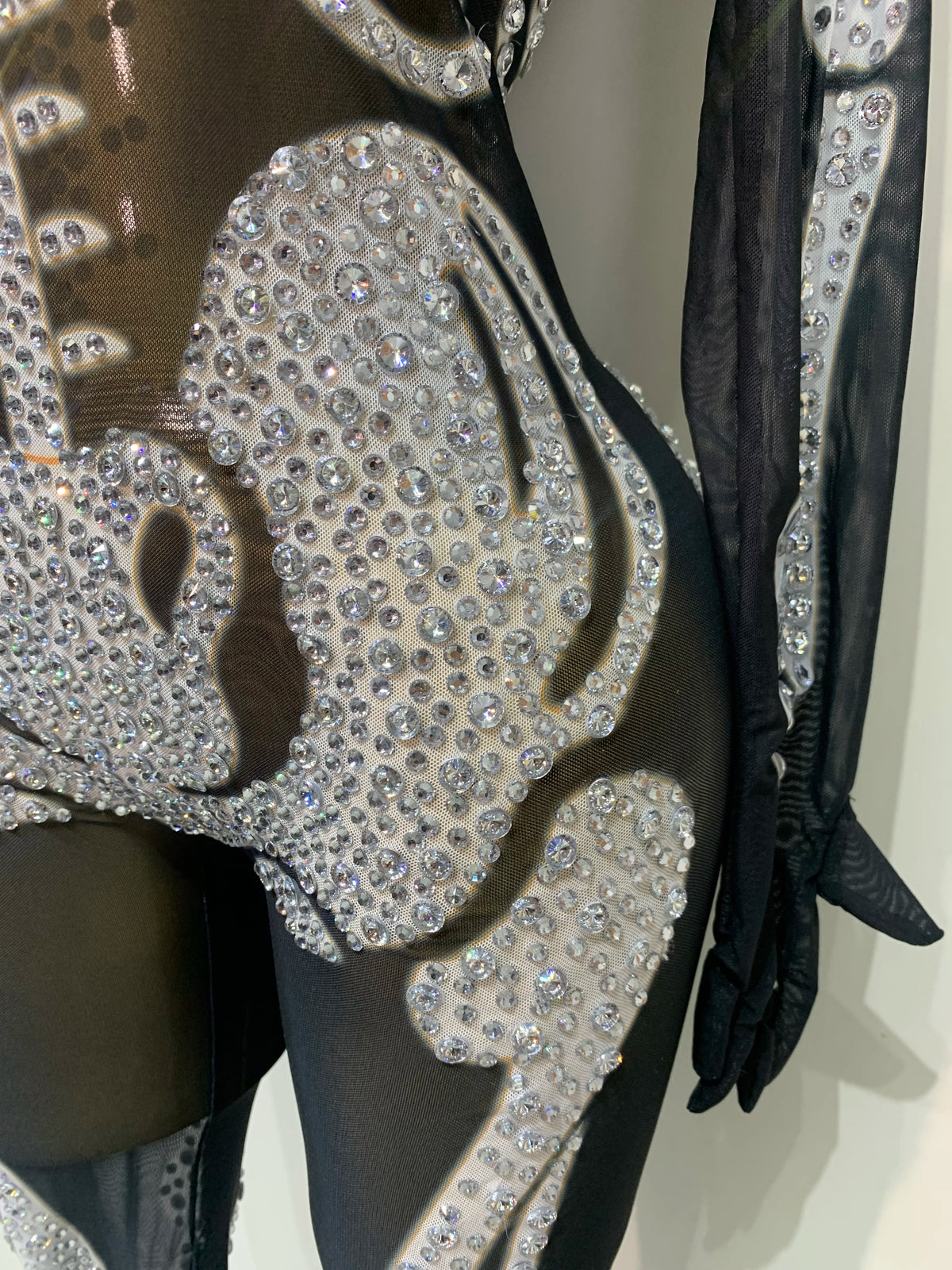 Luxury Rhinestones Skeleton Mesh See Through Jumpsuit Long Sleeve Nightclub Cos Party Stage Performance Halloween Costume