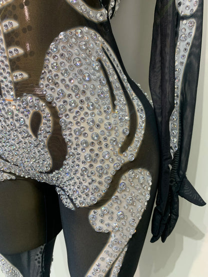 Luxury Rhinestones Skeleton Mesh See Through Jumpsuit Long Sleeve Nightclub Cos Party Stage Performance Halloween Costume