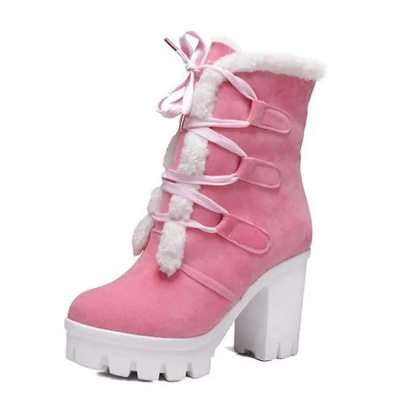 Winter Warm Girls Boots Fashion Lace Up Platform High Heels Women Ankle Boots Cosplay Casaul Party Fur Warm Women Boots Shoes 43
