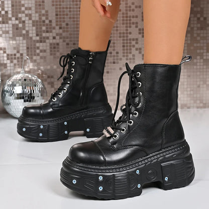 Chunky Platform Punk Ankle Boots Women Thick Bottom Metal Rivet Combat Booties Woman Autumn Winter Black PU Leather Botas Mujer