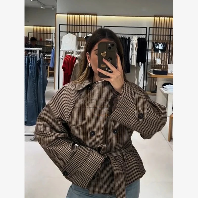 Long Sleeve Plaid Cropped Trench Coat Women Lapel Double Breasted Belted Waist Loose Checkered Short Jacket Lady Autumn Coats
