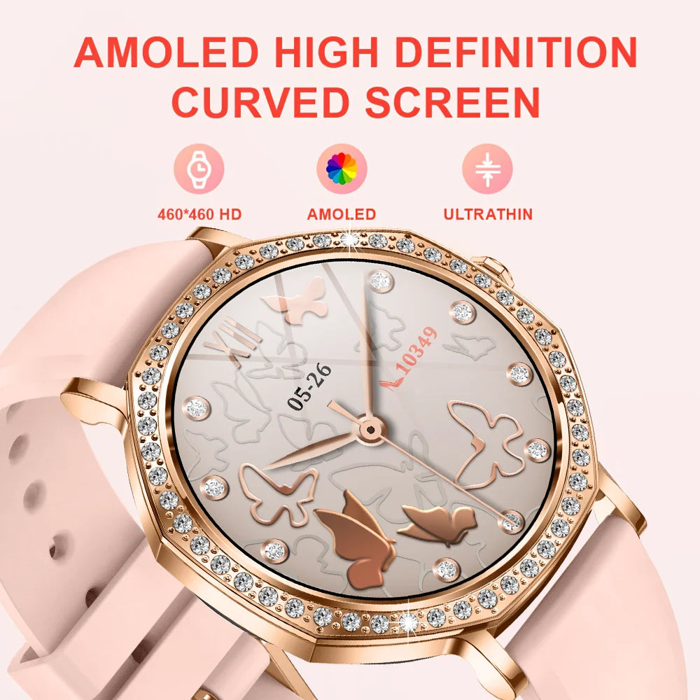 2026 New Ladies' Fashion Smartwatch Diamond Frame HD AMOLED Screen Bluetooth Call Health Monitoring Waterproof Smart Watch Gift