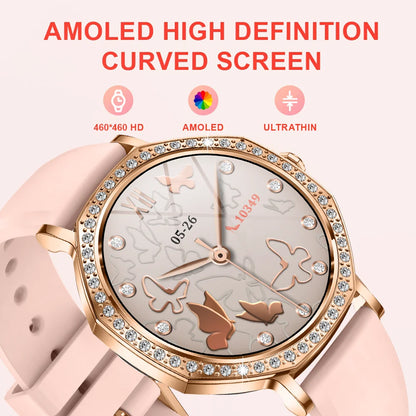 2026 New Ladies' Fashion Smartwatch Diamond Frame HD AMOLED Screen Bluetooth Call Health Monitoring Waterproof Smart Watch Gift