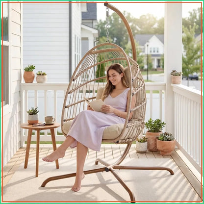 Hanging Egg Chair with Stand Indoor Outdoor, Wicker Patio Swing Seat Cushion, 350lbs Sturdy Hammock for Deck Balcony