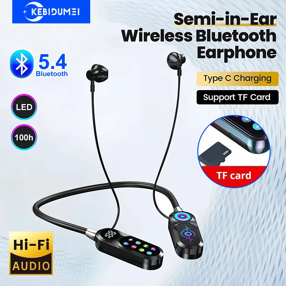 HD Screen Bluetooth 5.4 Headphones Neckband Earphones TWS Wireless Headsets HiFi Stereo Waterproof Earbuds Support TF Card