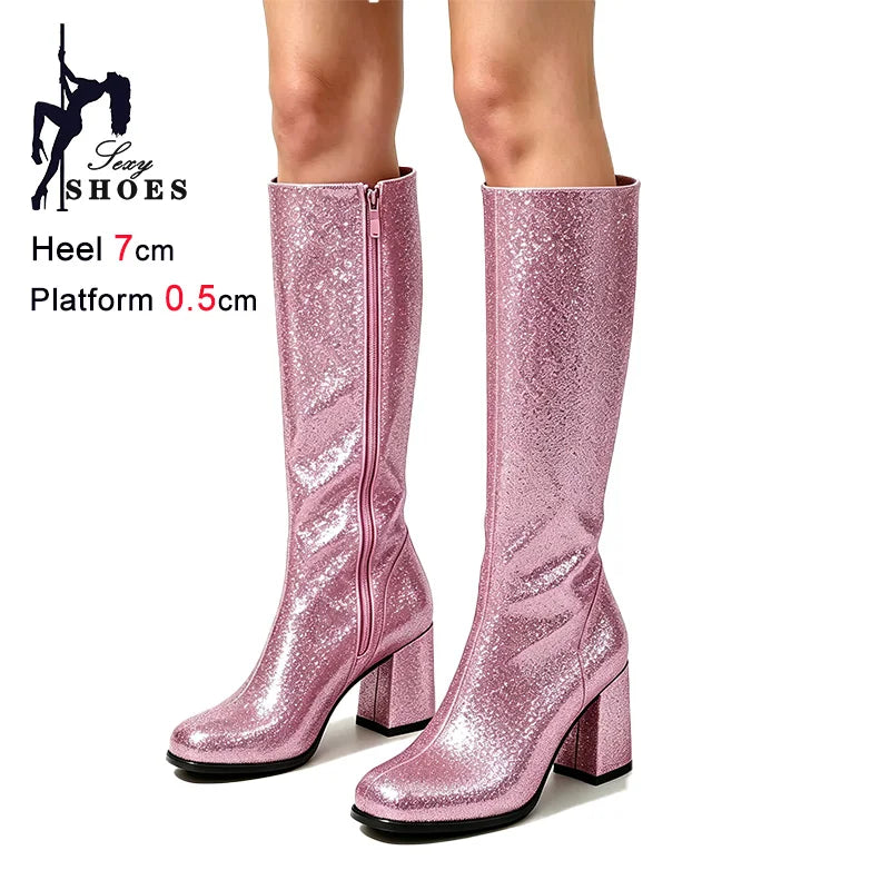 7CM Block Heel Pink Glitter Knee High Boots Women Square Toe Side Zipper Fashion Long Shoes Party Nightclub Long Pipe Booties