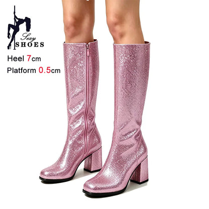 7CM Block Heel Pink Glitter Knee High Boots Women Square Toe Side Zipper Fashion Long Shoes Party Nightclub Long Pipe Booties