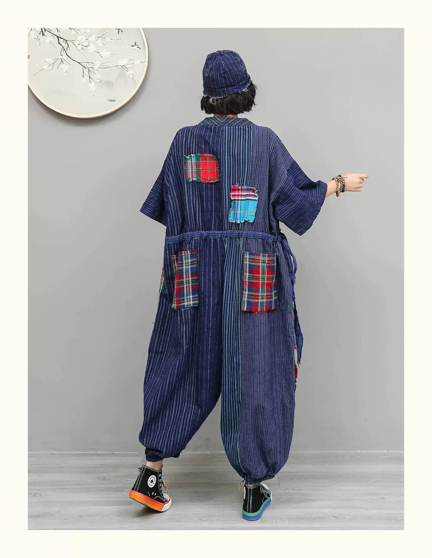 Women Plaid Jumpsuit Loose Wide Legs Short Sleeves Diagonal Buttons Straps Jumpsuit LX6229