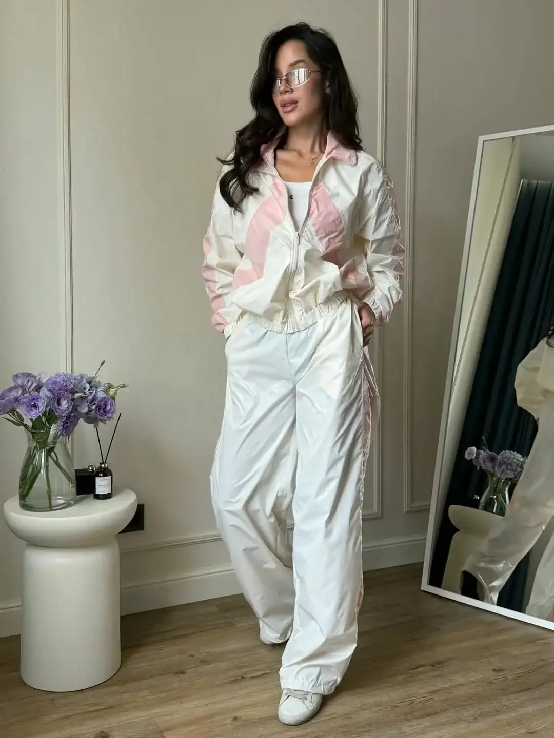 Chevron Stripe Windbreaker Tracksuit Women Casual Zip Cropped Jacket Contrast Trim Shorts Suit Lady Daily Jogging Street Outfit