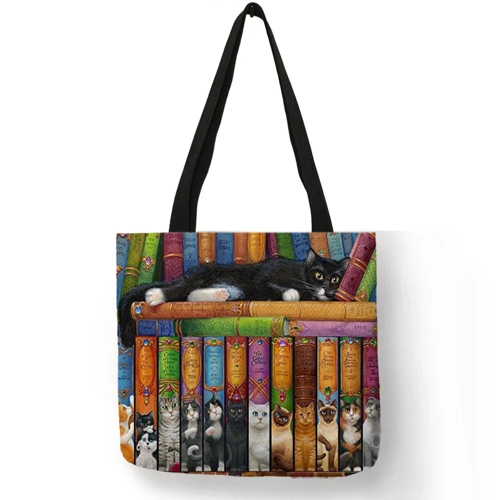Oil Painting Cat Print Womens Designer Tote Bags Linen Reusable Shopping Bag For Groceries Shoulder Bags for Lady