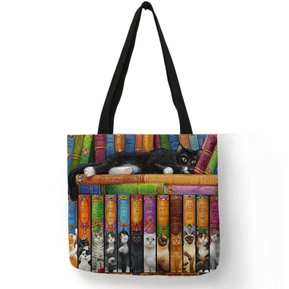 Oil Painting Cat Print Womens Designer Tote Bags Linen Reusable Shopping Bag For Groceries Shoulder Bags for Lady