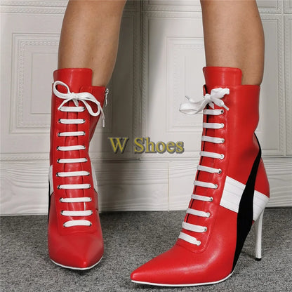 Red Pointed Toe Lace Up Sports Ankle Boots Woman Winter 2026 Color Blocking Side Zipper Stiletto Women's Boots Plus Size