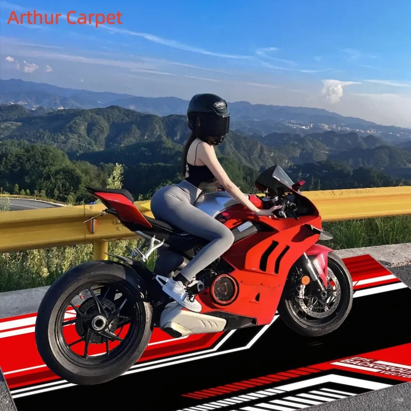 VIKAMA Red Motorcycle Mat Motorbike Racing Sport Rug Bicycle Cycling Carpet Garage Entryway Hallway Runner Floor Decor
