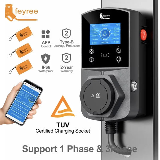 Feyree Type2 EV Charger Socket Version 22KW Smart Electric Car Charger for TS-NACS Type1 GB/T Plug EVSE Wallbox WIFI APP Control