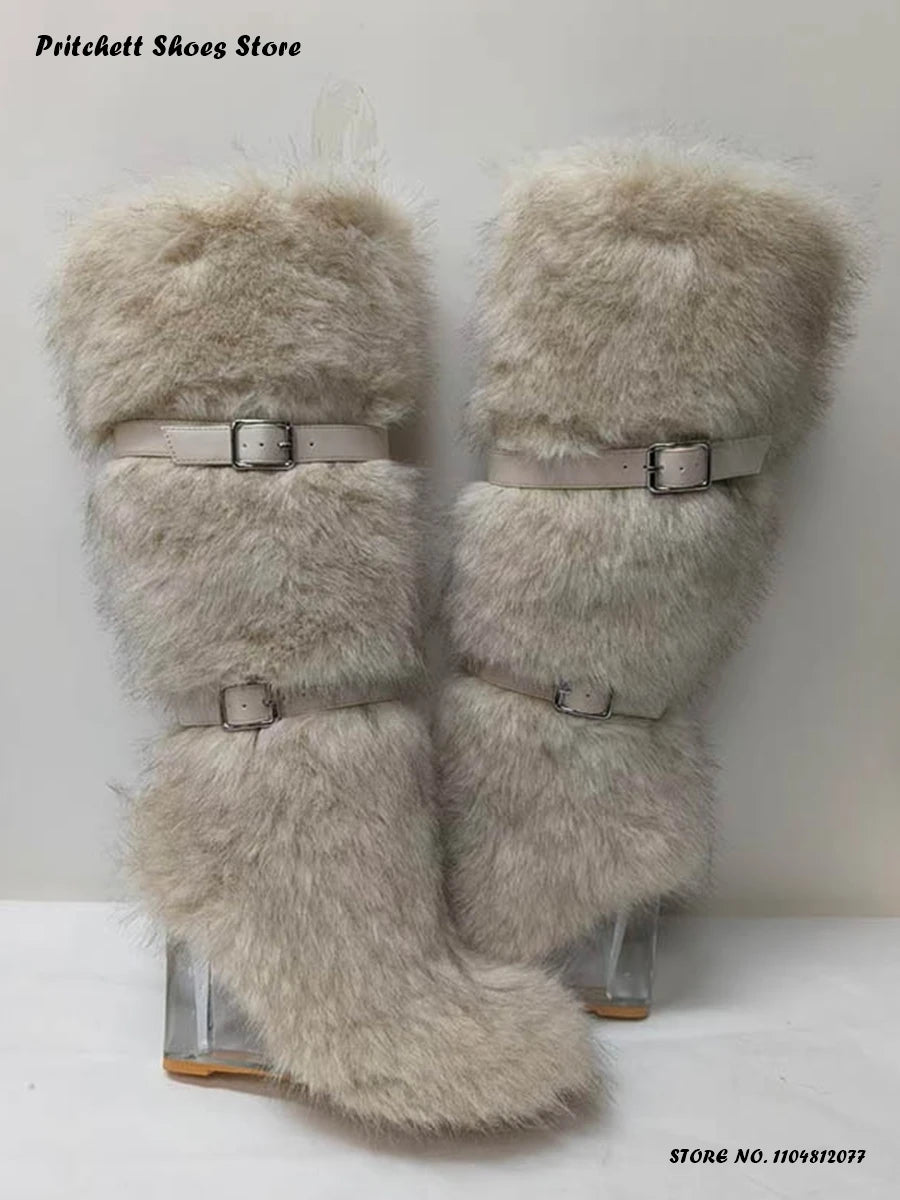Women's Faux Fur Clear Wedges Boots Street Style Winter Warm Puffy Furry Boots Round Toe Slip On Belt Buckle Trending Shoes